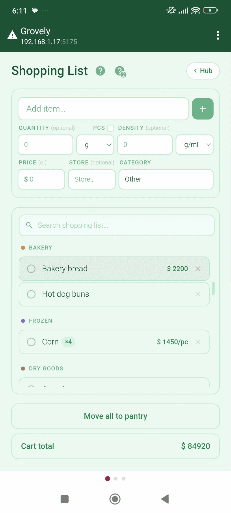 Add an item to the shopping list and move it to the pantry